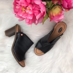 Dr Scholls perforated block heel mule sandals